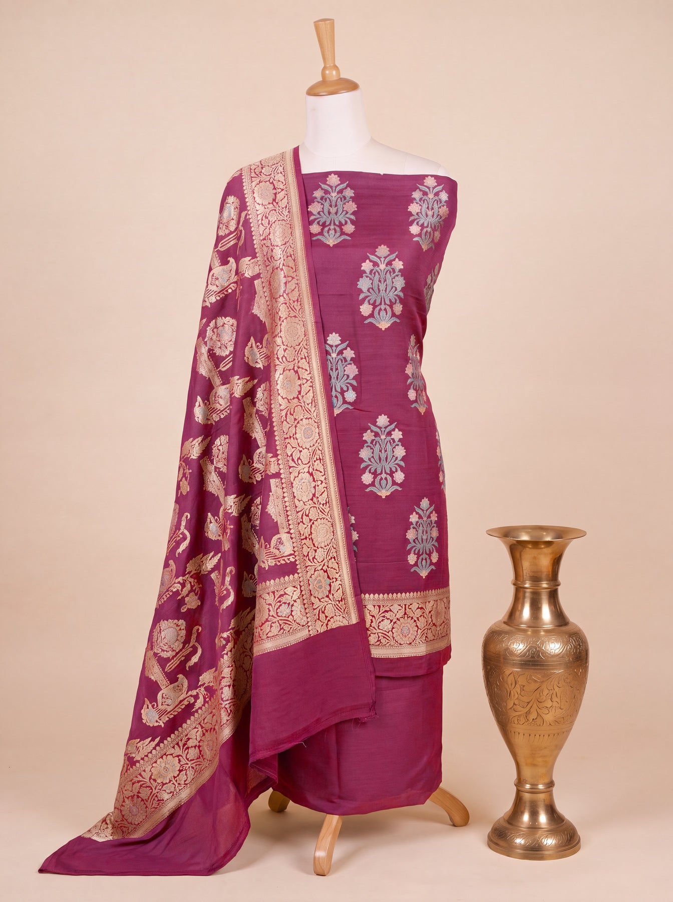 Wine Purple Pure Silk Munga Khaddi Tilfi Suit Set - Top Dupatta & Bottom