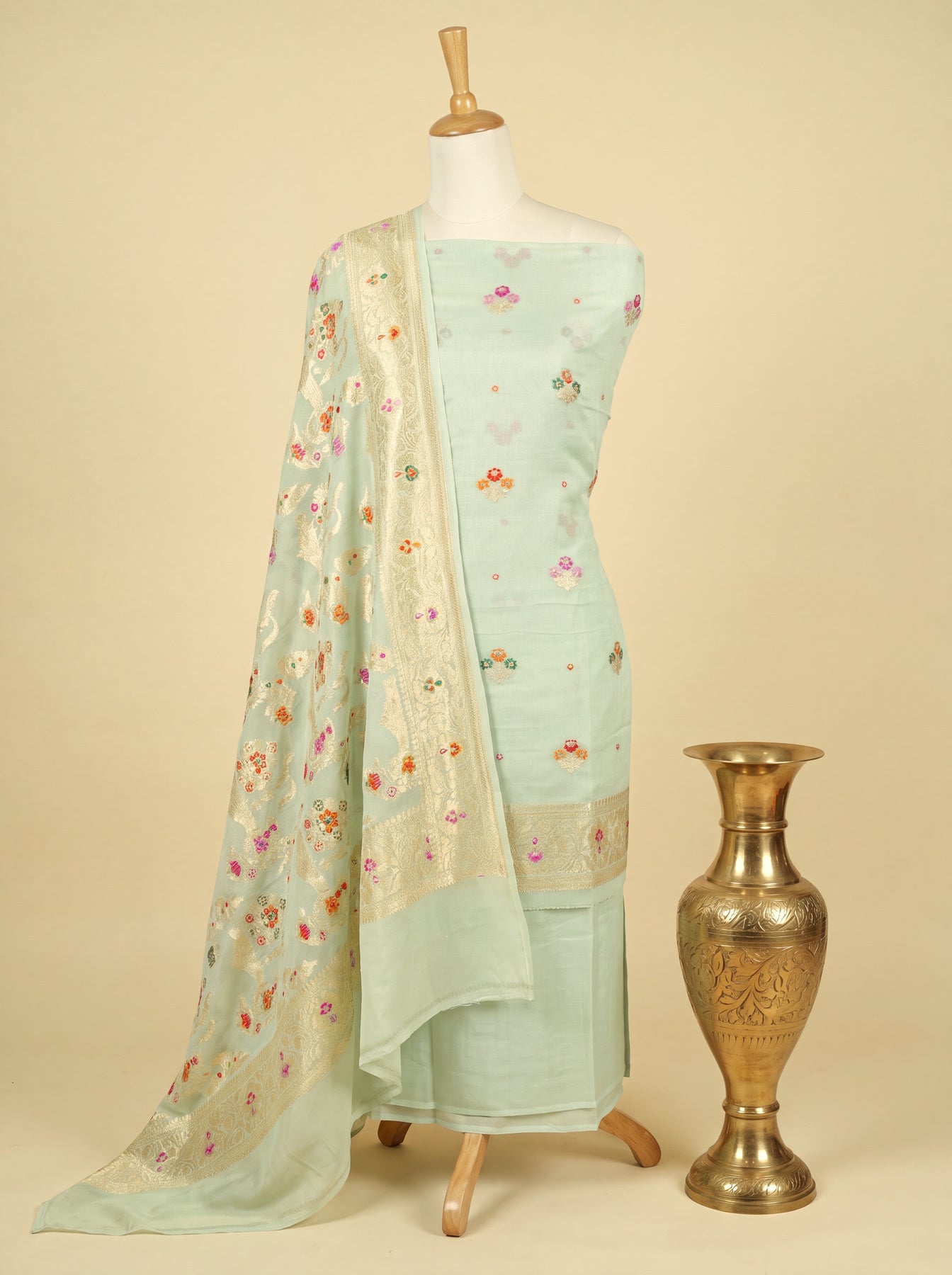 Pista Green Pure Silk Crepe Khaddi Tilfi Suit Set - Top Dupatta & Bottom
