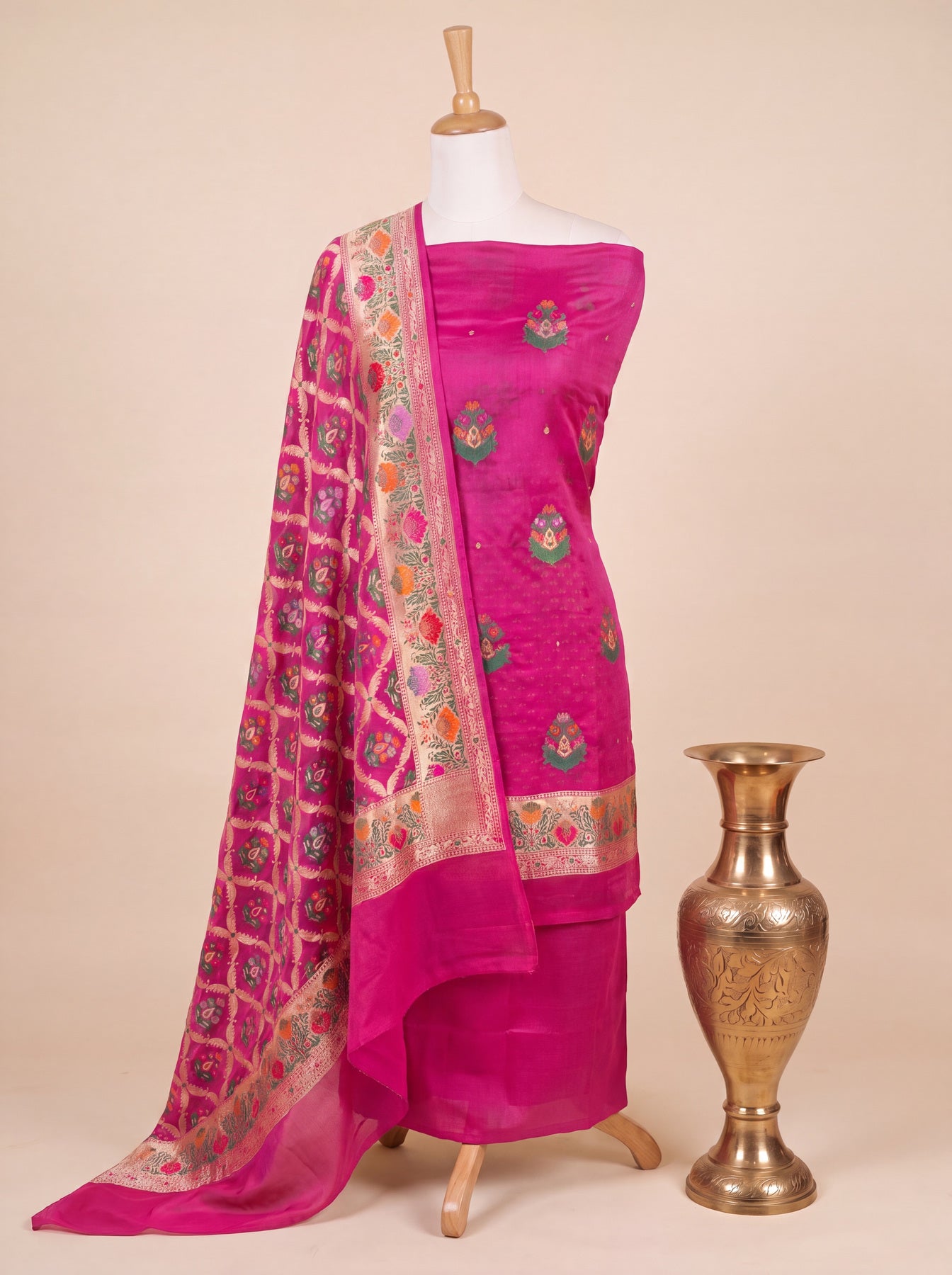 Hot Pink Pure Silk Crepe Khaddi Tilfi Suit Set - Top Dupatta & Bottom