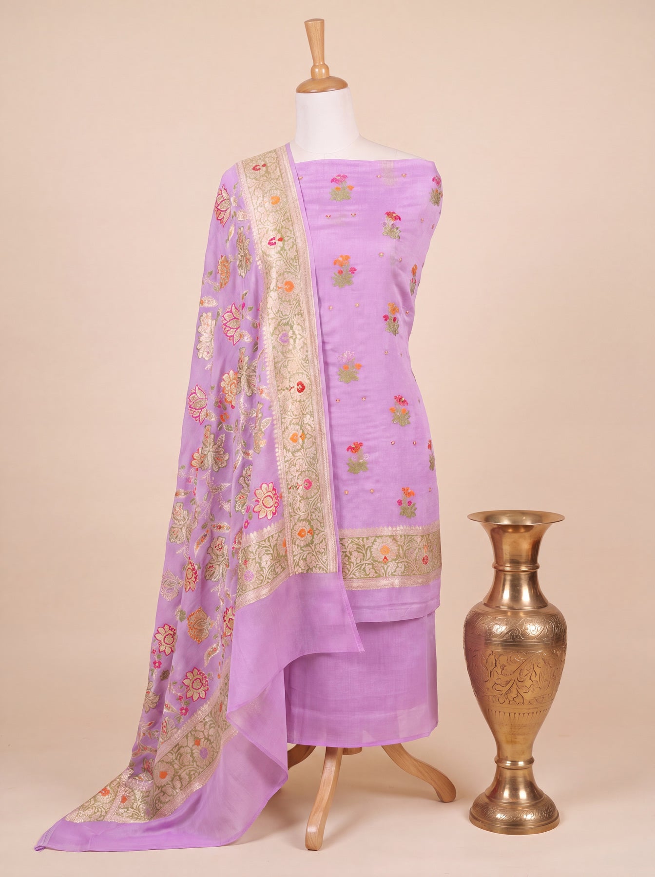 Lavandar Purple Pure Silk Crepe Khaddi Tilfi Suit Set - Top Dupatta & Bottom