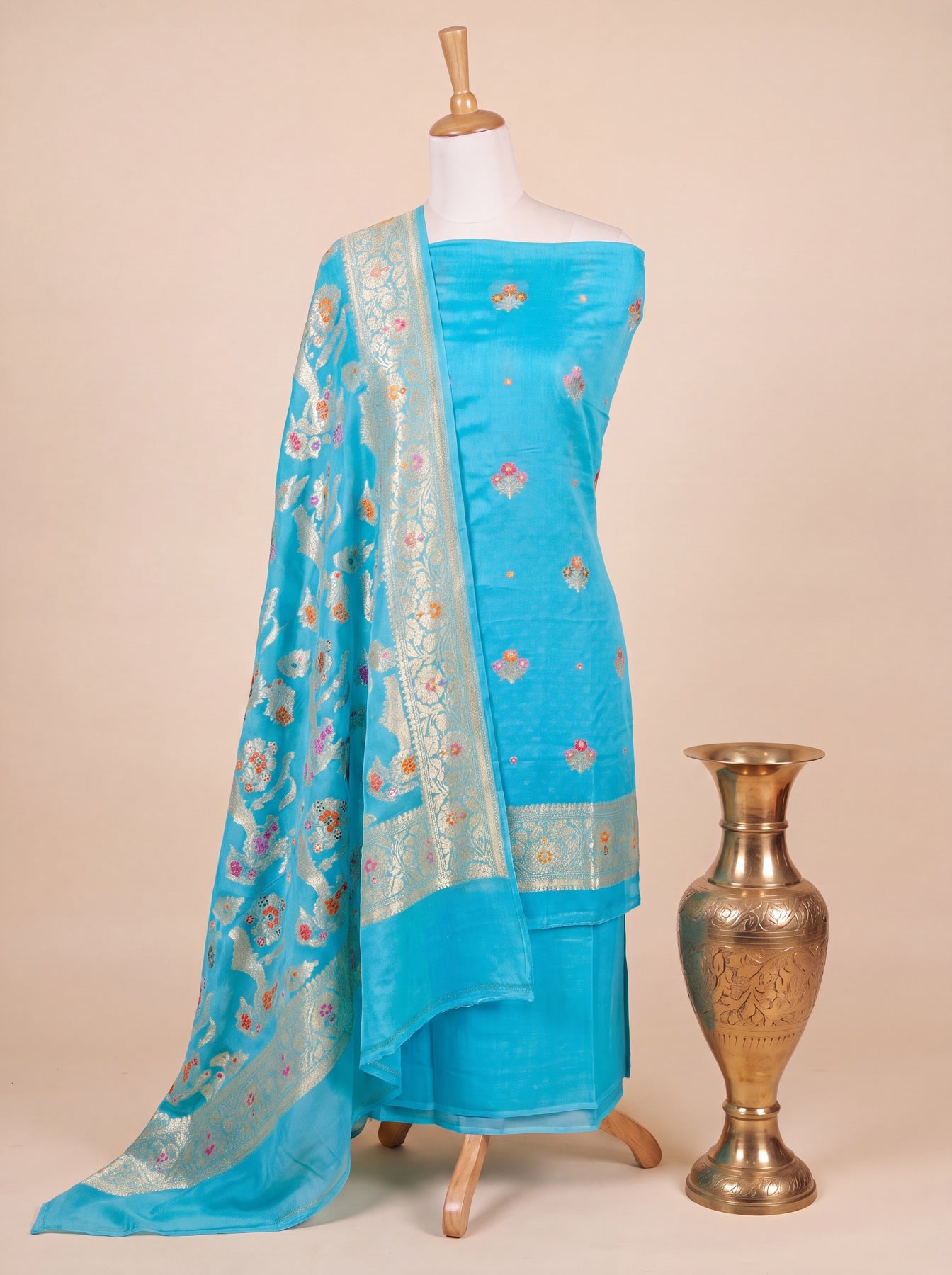 Firozi Blue Pure Silk Crepe Khaddi Tilfi Suit Set - Top Dupatta & Bottom