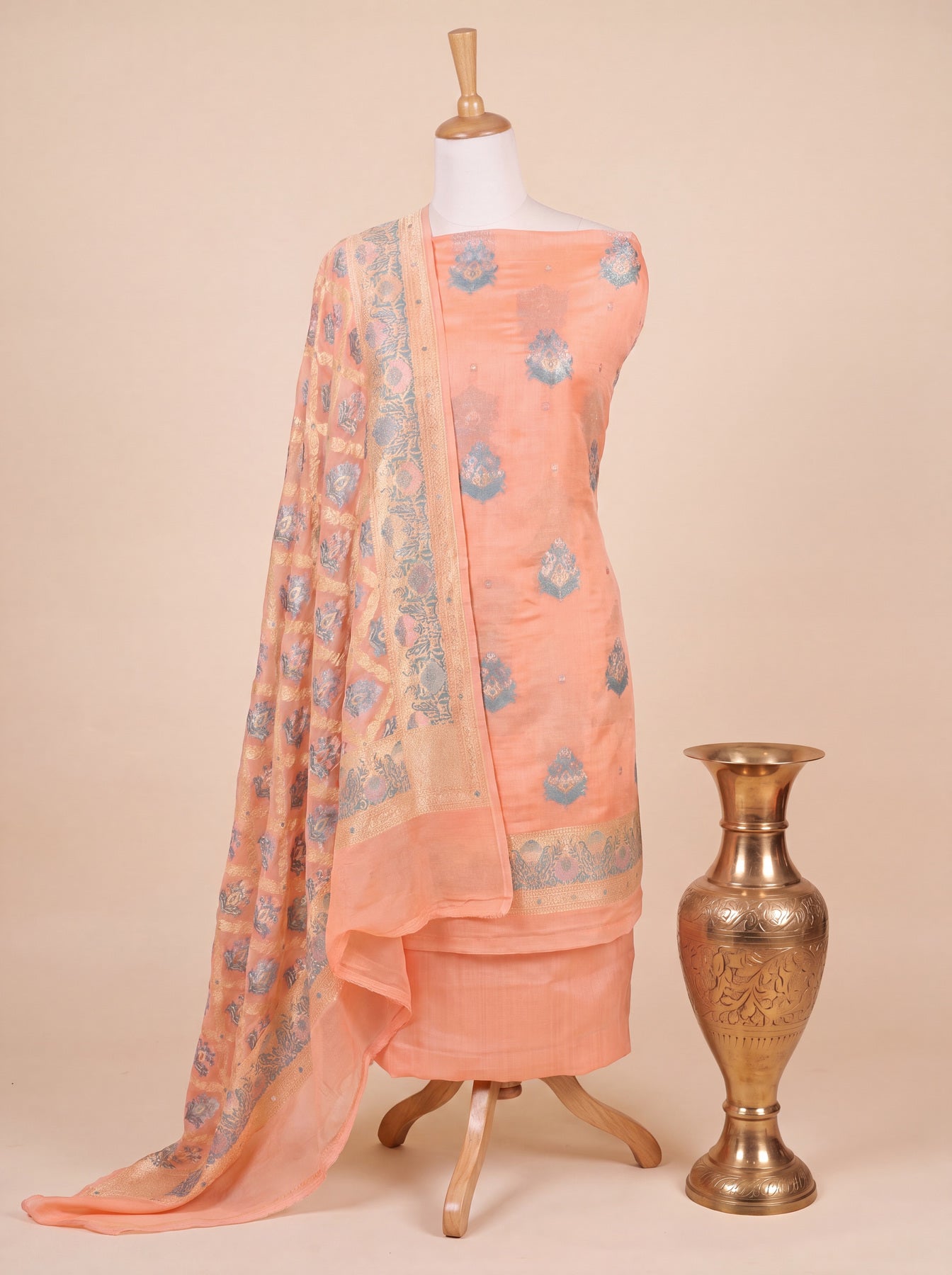 Peach Pink Pure Silk Crepe Khaddi Tilfi Suit Set - Top Dupatta & Bottom
