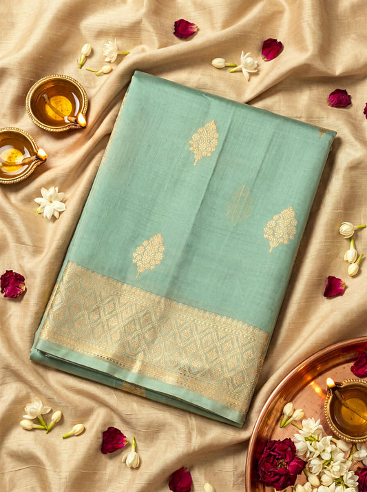 Sea Blue Pure Katan Silk Handloom Saree with Kadhwa Zari Fancy Border & Buti