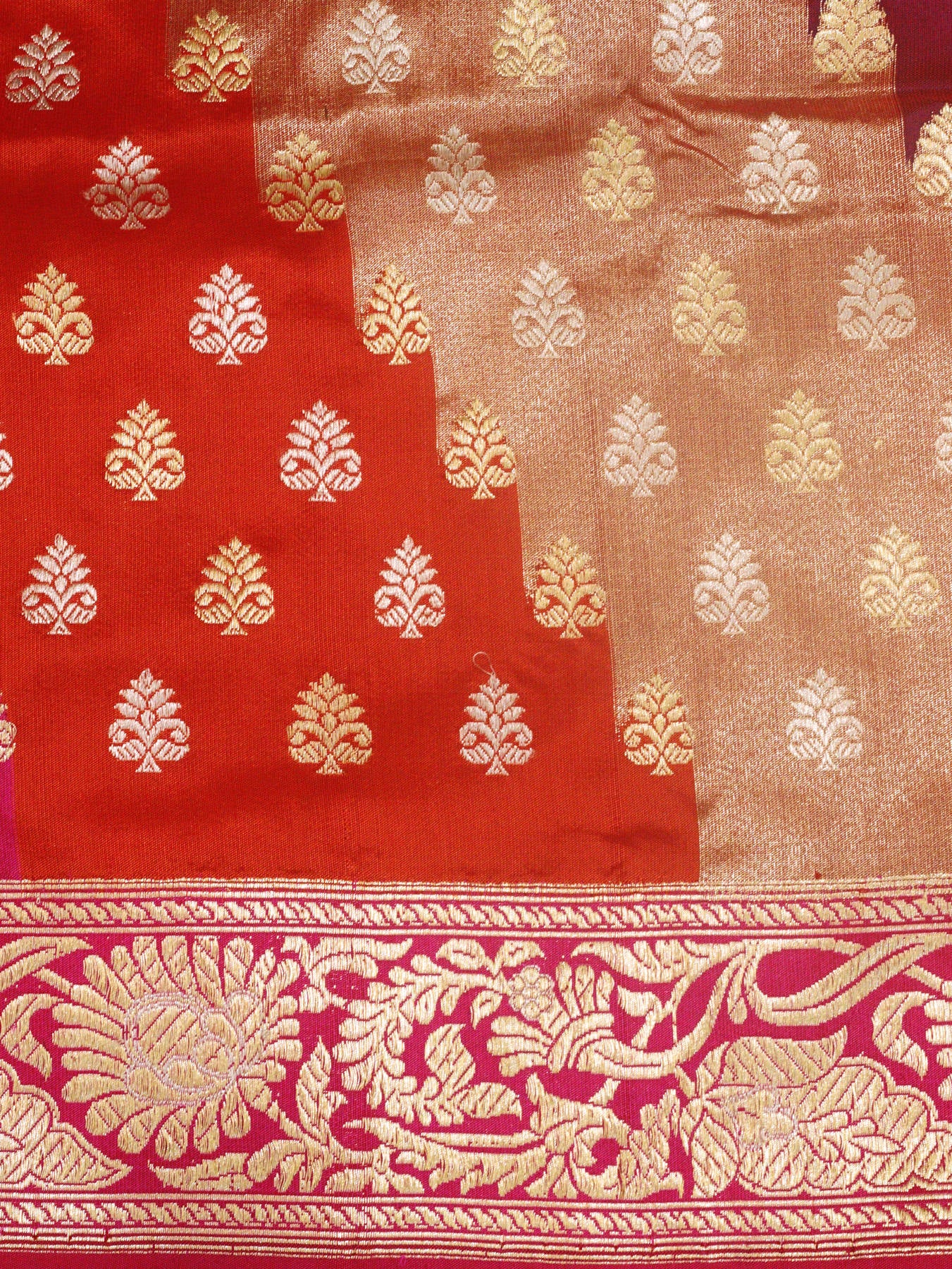 Multicolor Rani Pure Katan Silk Handloom Kadhwa Rangkaat Tissue Saree with Contemporary Weave & Jamdani Inspired Carry Pallu