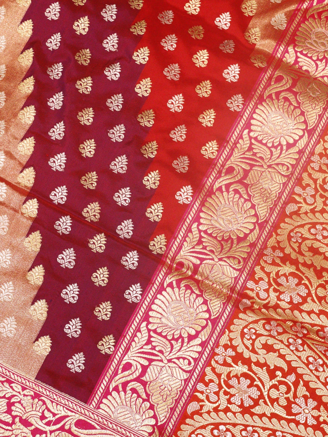 Multicolor Rani Pure Katan Silk Handloom Kadhwa Rangkaat Tissue Saree with Contemporary Weave & Jamdani Inspired Carry Pallu