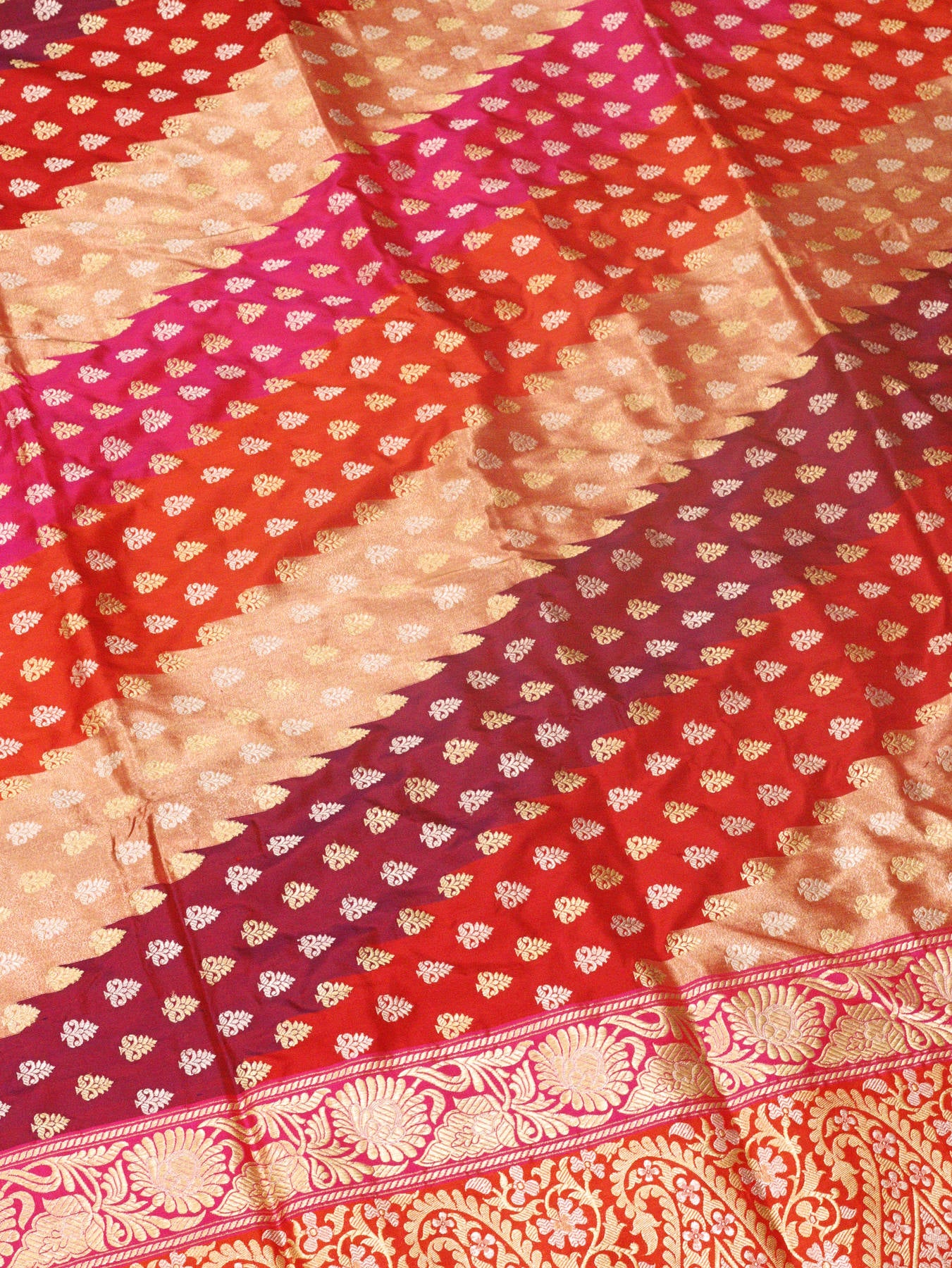 Multicolor Rani Pure Katan Silk Handloom Kadhwa Rangkaat Tissue Saree with Contemporary Weave & Jamdani Inspired Carry Pallu