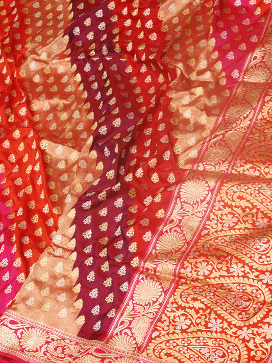 Multicolor Rani Pure Katan Silk Handloom Kadhwa Rangkaat Tissue Saree with Contemporary Weave & Jamdani Inspired Carry Pallu