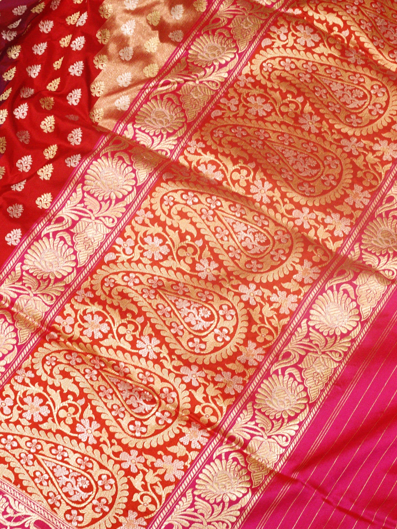 Multicolor Rani Pure Katan Silk Handloom Kadhwa Rangkaat Tissue Saree with Contemporary Weave & Jamdani Inspired Carry Pallu