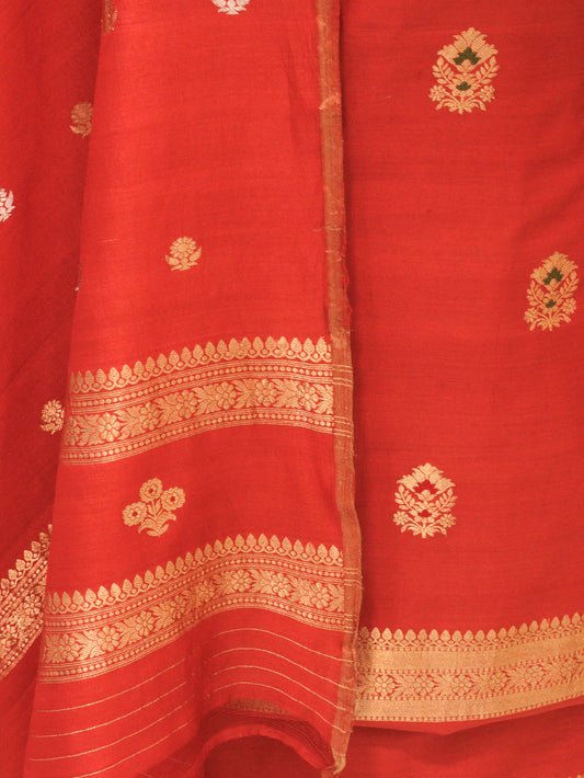 Red Pure Silk Chinya Handloom Suit Set with Kadhwa Zari Meena Buta – Top, Bottom & Dupatta