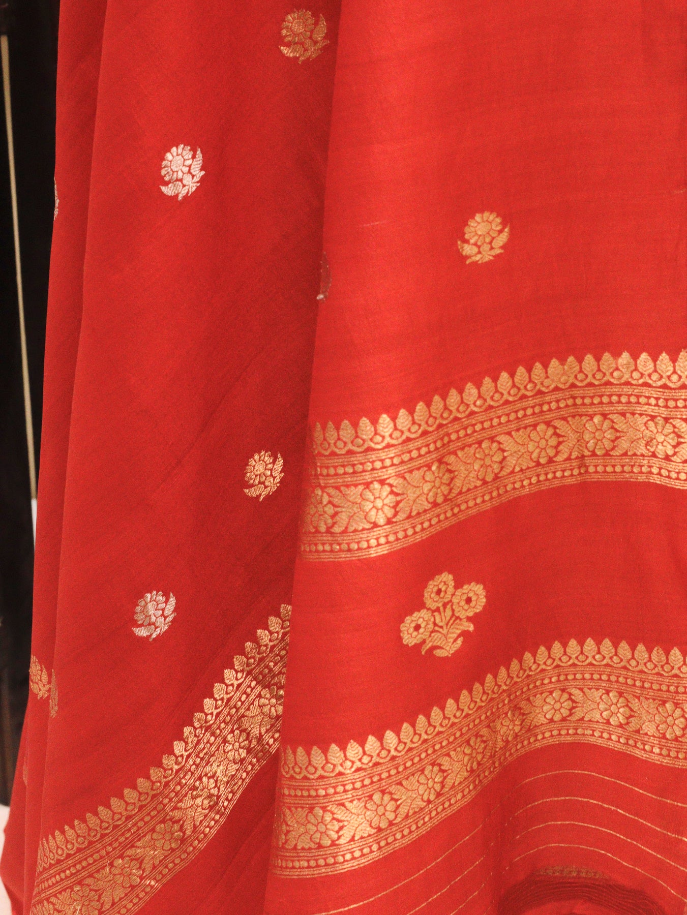 Red Pure Silk Chinya Handloom Suit Set with Kadhwa Zari Meena Buta – Top, Bottom & Dupatta
