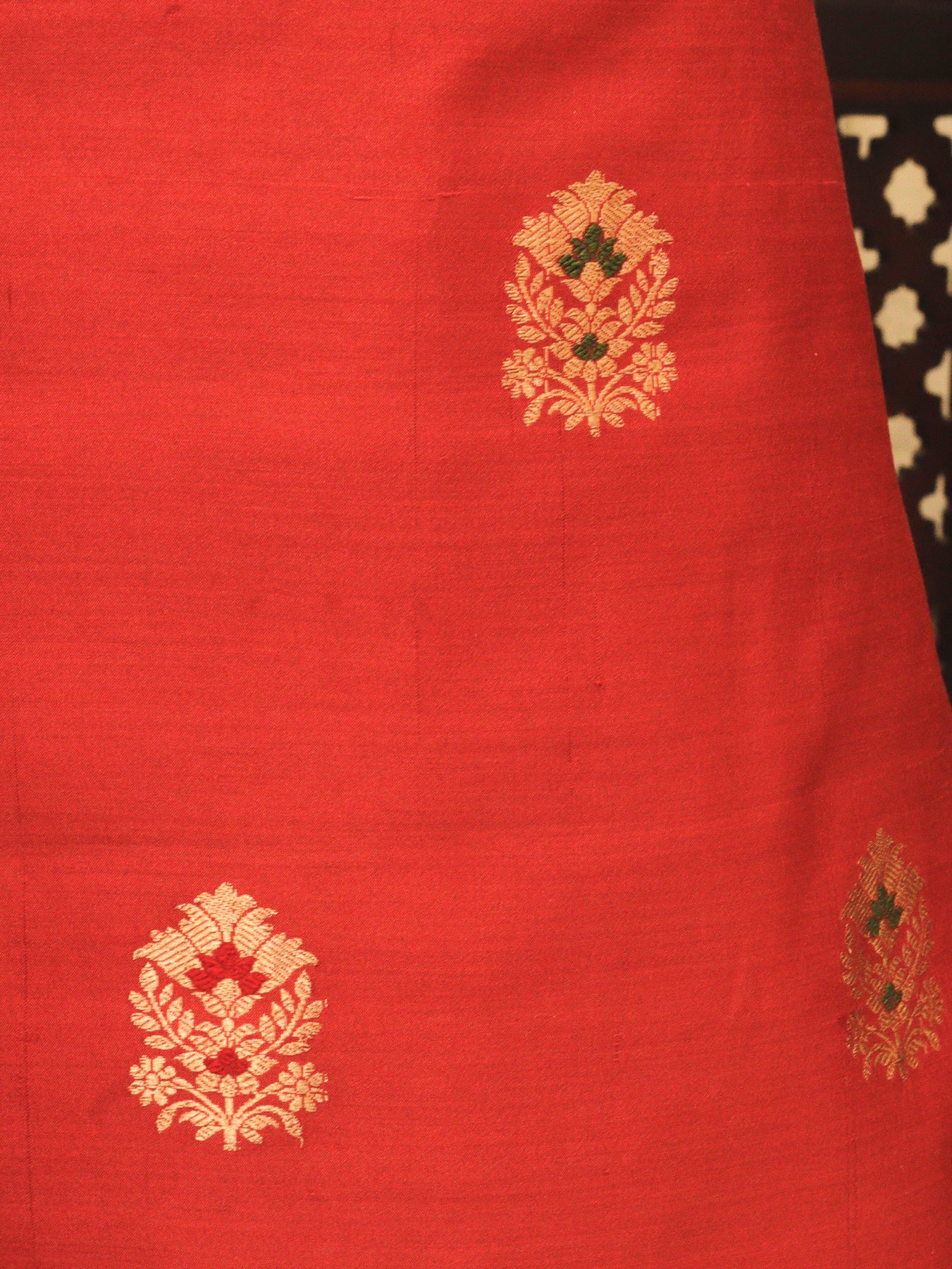 Red Pure Silk Chinya Handloom Suit Set with Kadhwa Zari Meena Buta – Top, Bottom & Dupatta