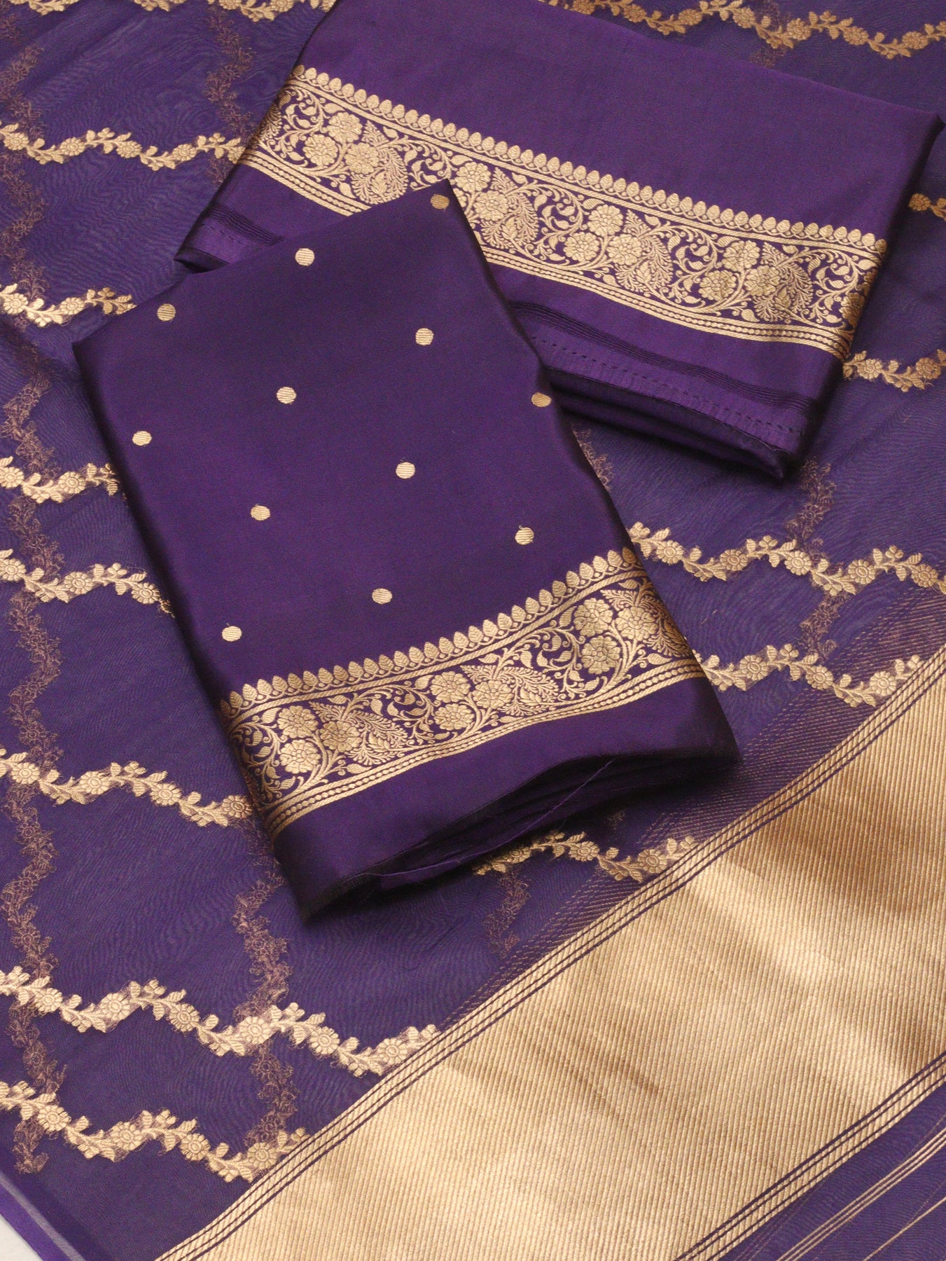 Purple Magenta Pure Silk Chinya Kadhwa Zari Buta With Pure Kora Silk Adha Jaal Dupatta Suit Set - Top Dupatta & Bottom
