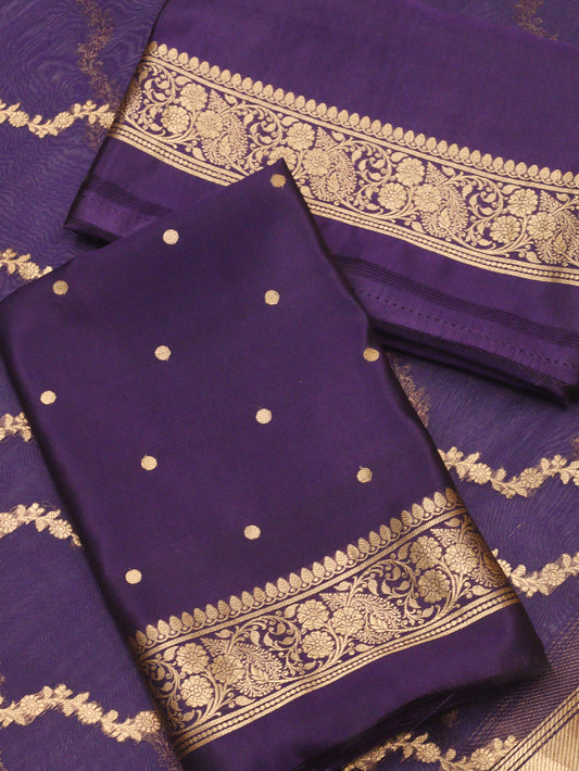 Purple Magenta Pure Silk Chinya Kadhwa Zari Buta With Pure Kora Silk Adha Jaal Dupatta Suit Set - Top Dupatta & Bottom