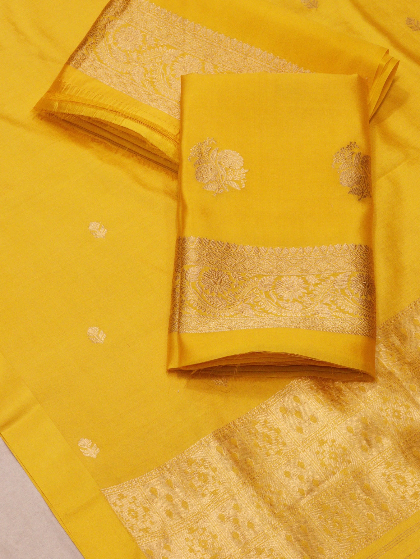 Yellow Pure Silk Chinya Handloom Suit Set with Kadhwa Gold Zari Buta – Top, Bottom & Dupatta