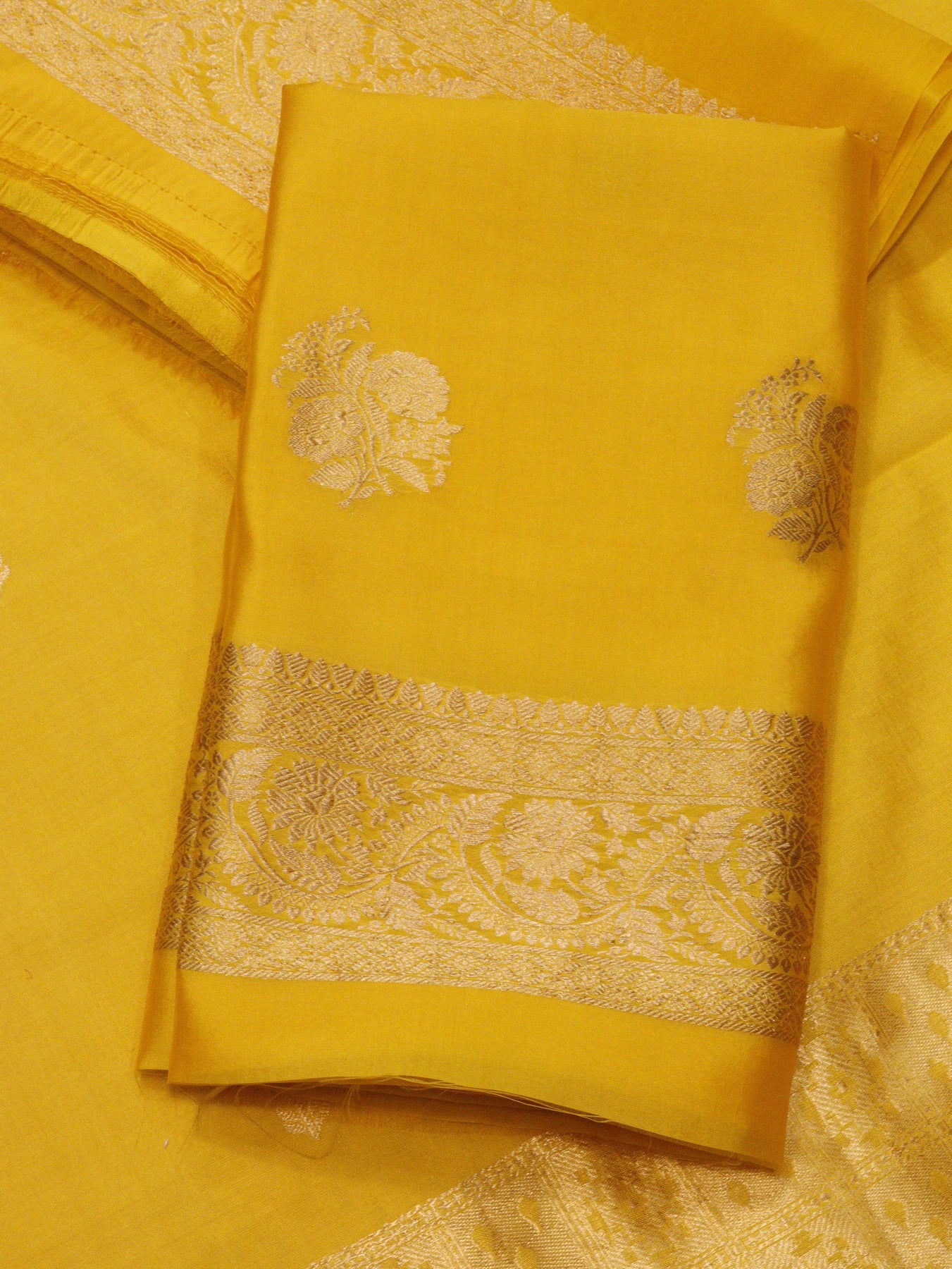 Yellow Pure Silk Chinya Handloom Suit Set with Kadhwa Gold Zari Buta – Top, Bottom & Dupatta