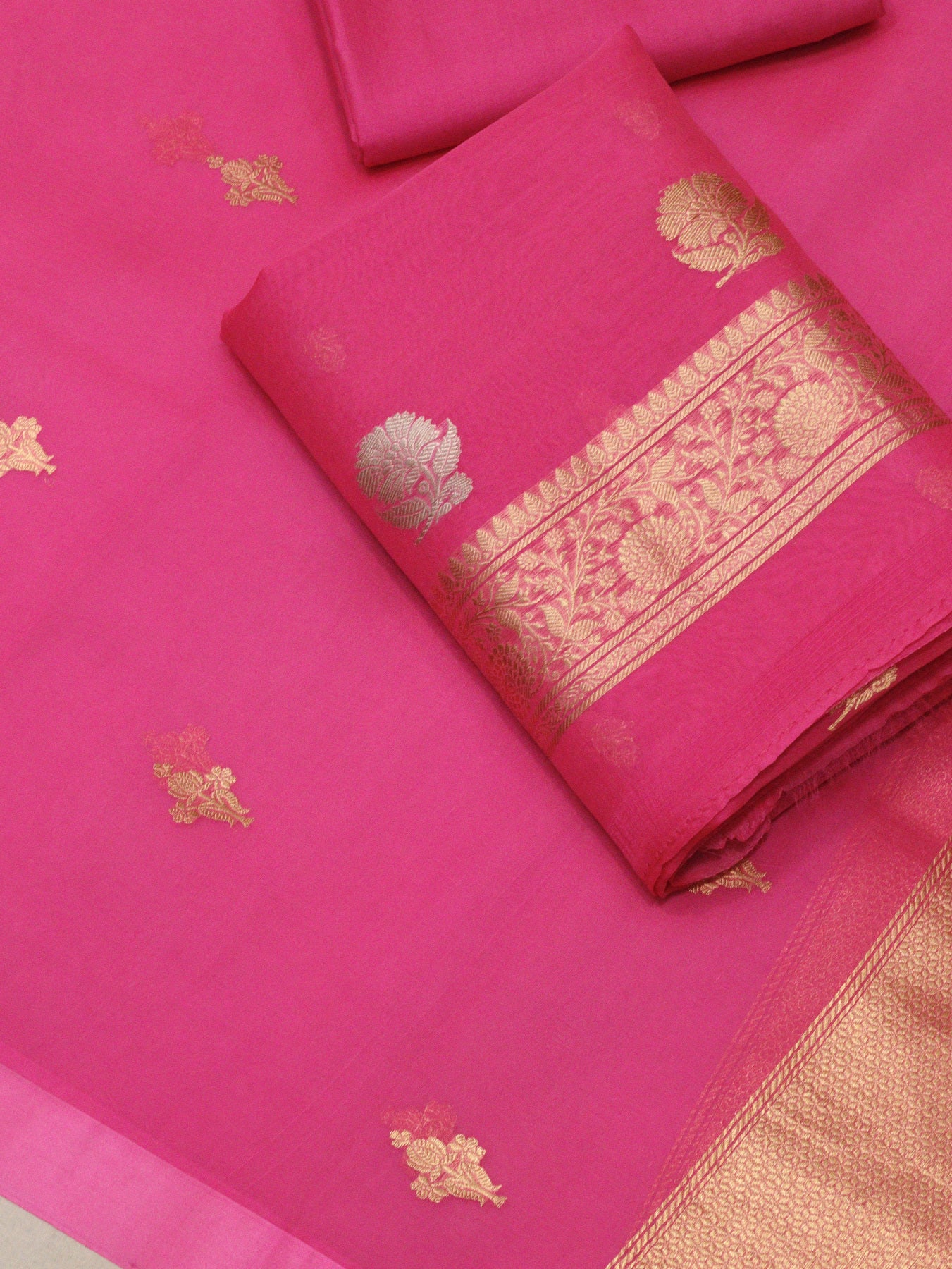 Hot Rani Pink Pure Kora Silk Handloom Suit Set with Kadhwa Gold & Silver Zari Buta – Top, Bottom & Gold Zari Kadhwa Buti Dupatta
