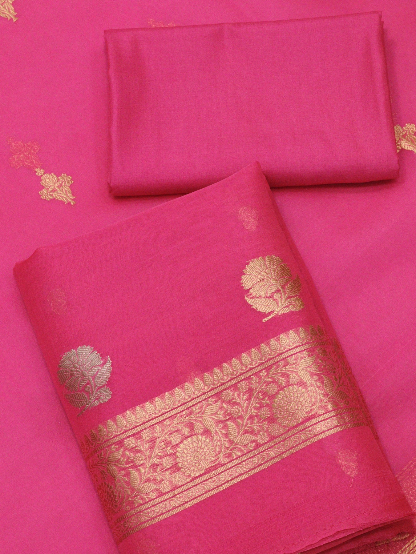 Hot Rani Pink Pure Kora Silk Handloom Suit Set with Kadhwa Gold & Silver Zari Buta – Top, Bottom & Gold Zari Kadhwa Buti Dupatta