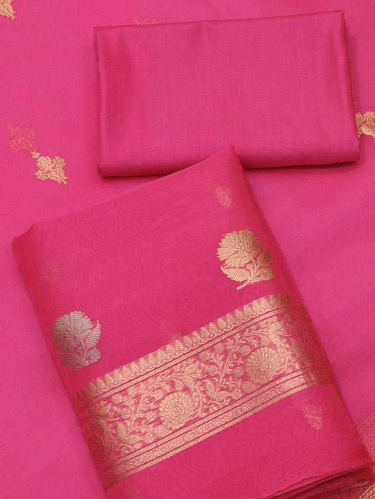 Hot Rani Pink Pure Kora Silk Handloom Suit Set with Kadhwa Gold & Silver Zari Buta – Top, Bottom & Gold Zari Kadhwa Buti Dupatta