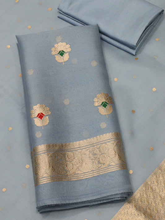 Metallic Blue Grey Pure Kora Silk Handloom Suit Set with Kadhwa Zari Meena Buta – Top, Bottom & Gold Zari Kadhwa Buti Dupatta