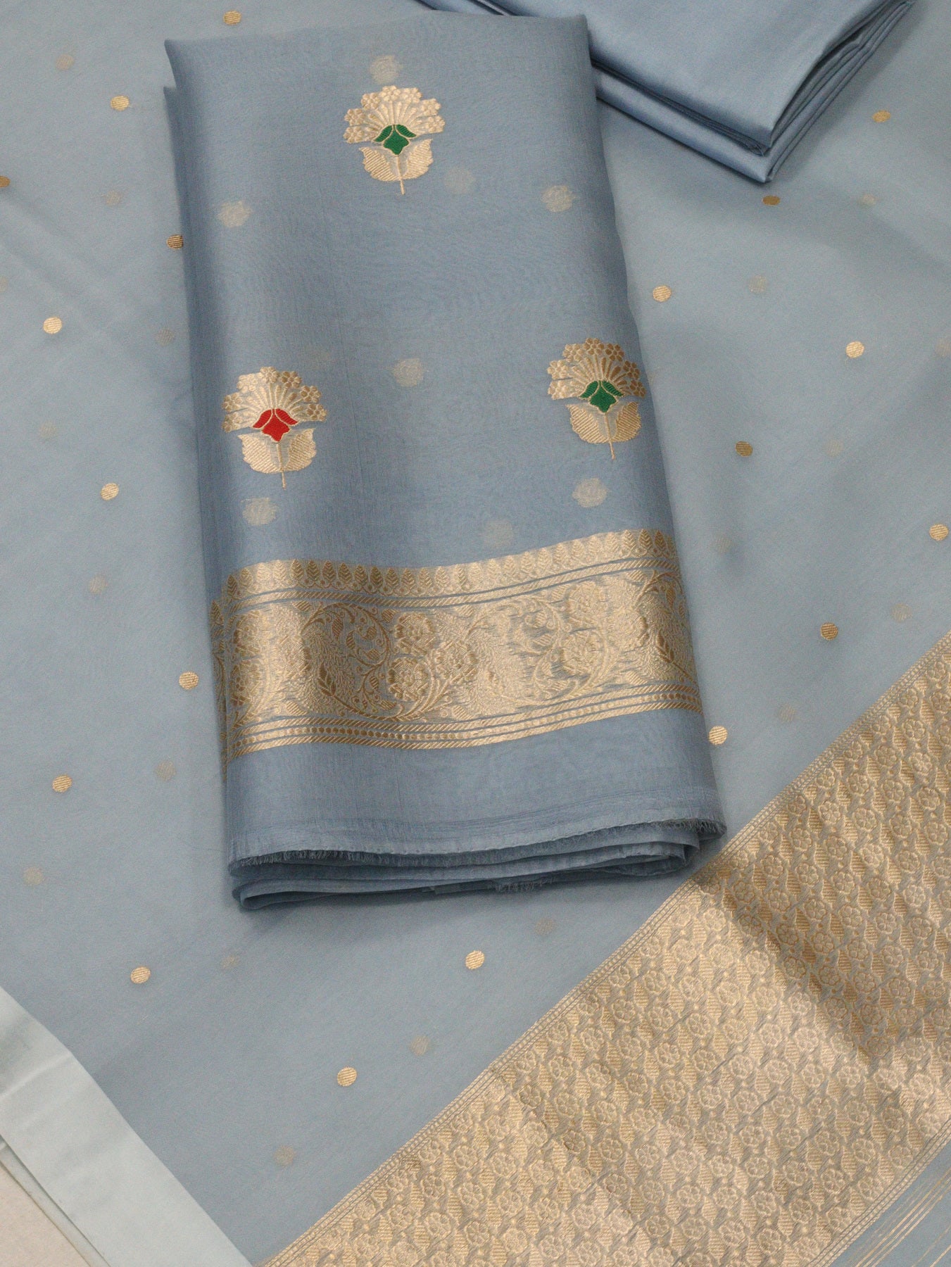 Metallic Blue Grey Pure Kora Silk Handloom Suit Set with Kadhwa Zari Meena Buta – Top, Bottom & Gold Zari Kadhwa Buti Dupatta