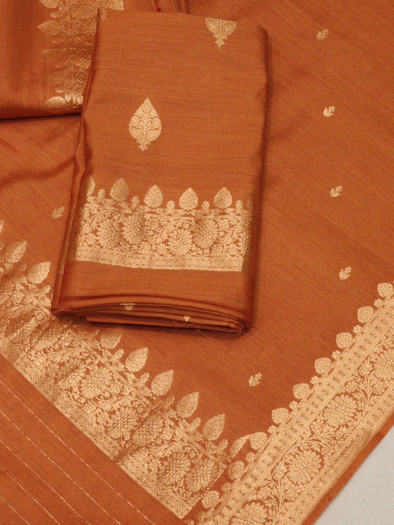 Rust Orange Pure Silk Munga Kadhwa Zari Buta Suit Set - Top Dupatta & Bottom