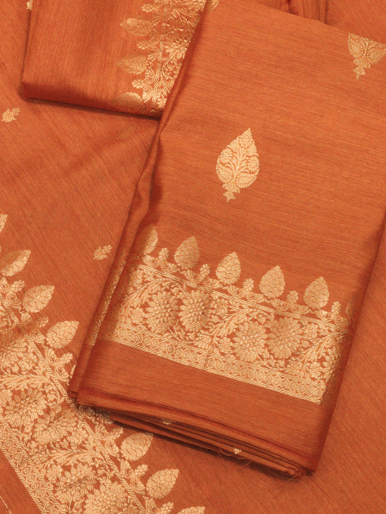 Rust Orange Pure Silk Munga Kadhwa Zari Buta Suit Set - Top Dupatta & Bottom
