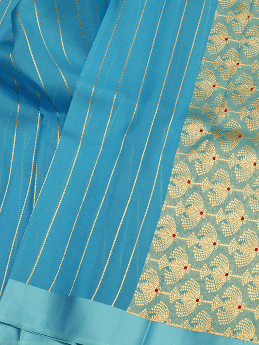 Firozi Blue Pure Kora Organza Silk Handloom Saree with Kadhwa Gold Zari Stripes, Meenakari Pallu & Satin Border