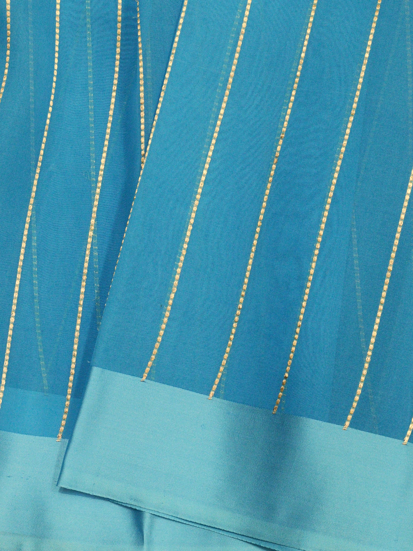 Firozi Blue Pure Kora Organza Silk Handloom Saree with Kadhwa Gold Zari Stripes, Meenakari Pallu & Satin Border