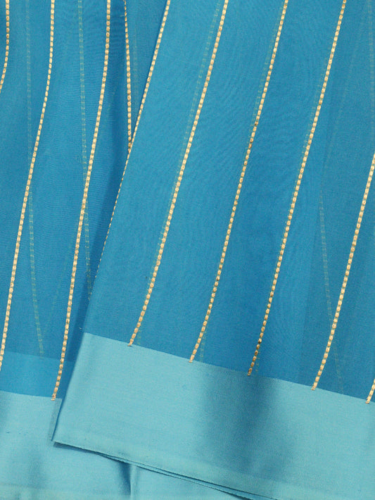 Firozi Blue Pure Kora Organza Silk Handloom Saree with Kadhwa Gold Zari Stripes, Meenakari Pallu & Satin Border
