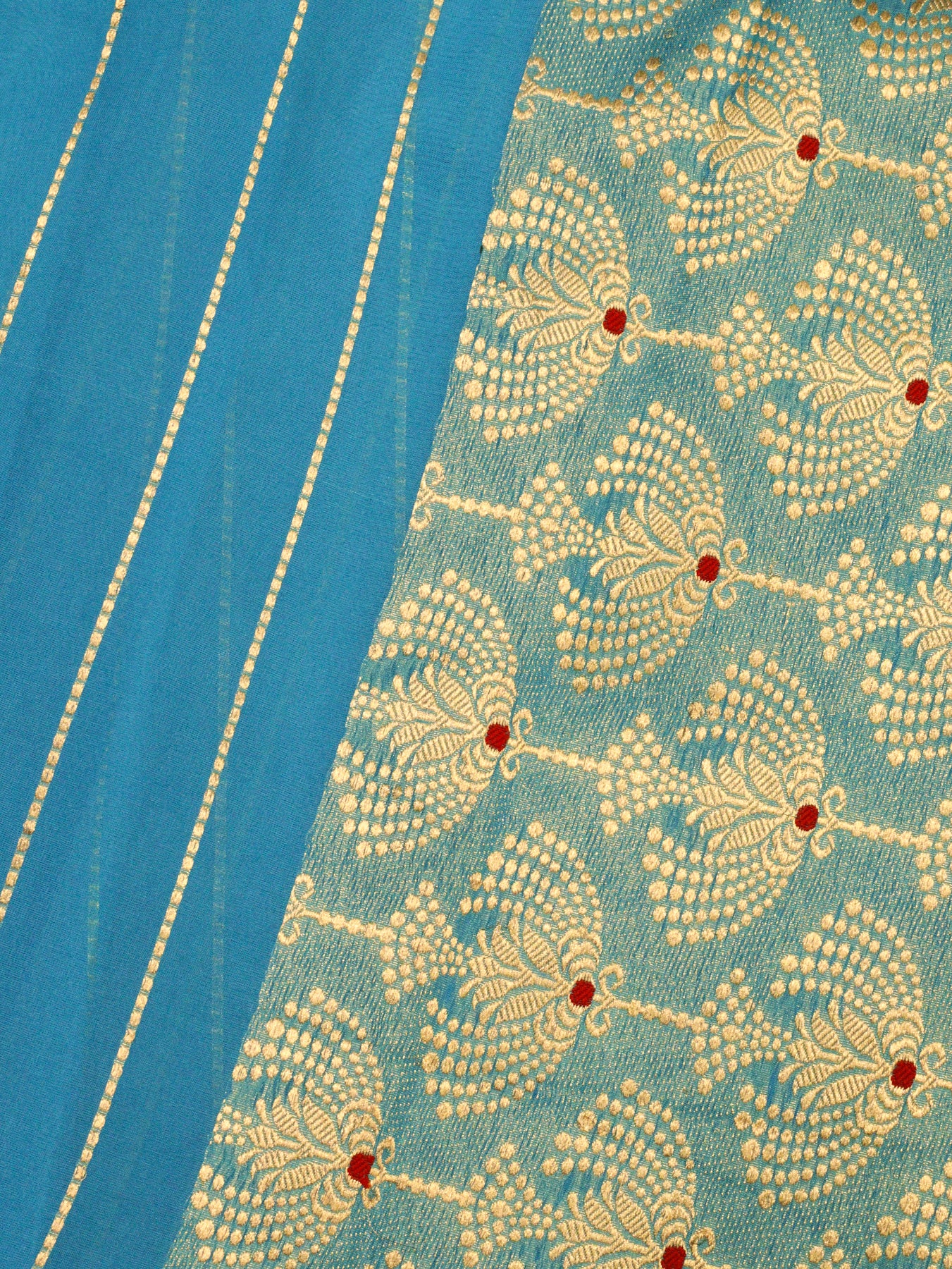 Firozi Blue Pure Kora Organza Silk Handloom Saree with Kadhwa Gold Zari Stripes, Meenakari Pallu & Satin Border