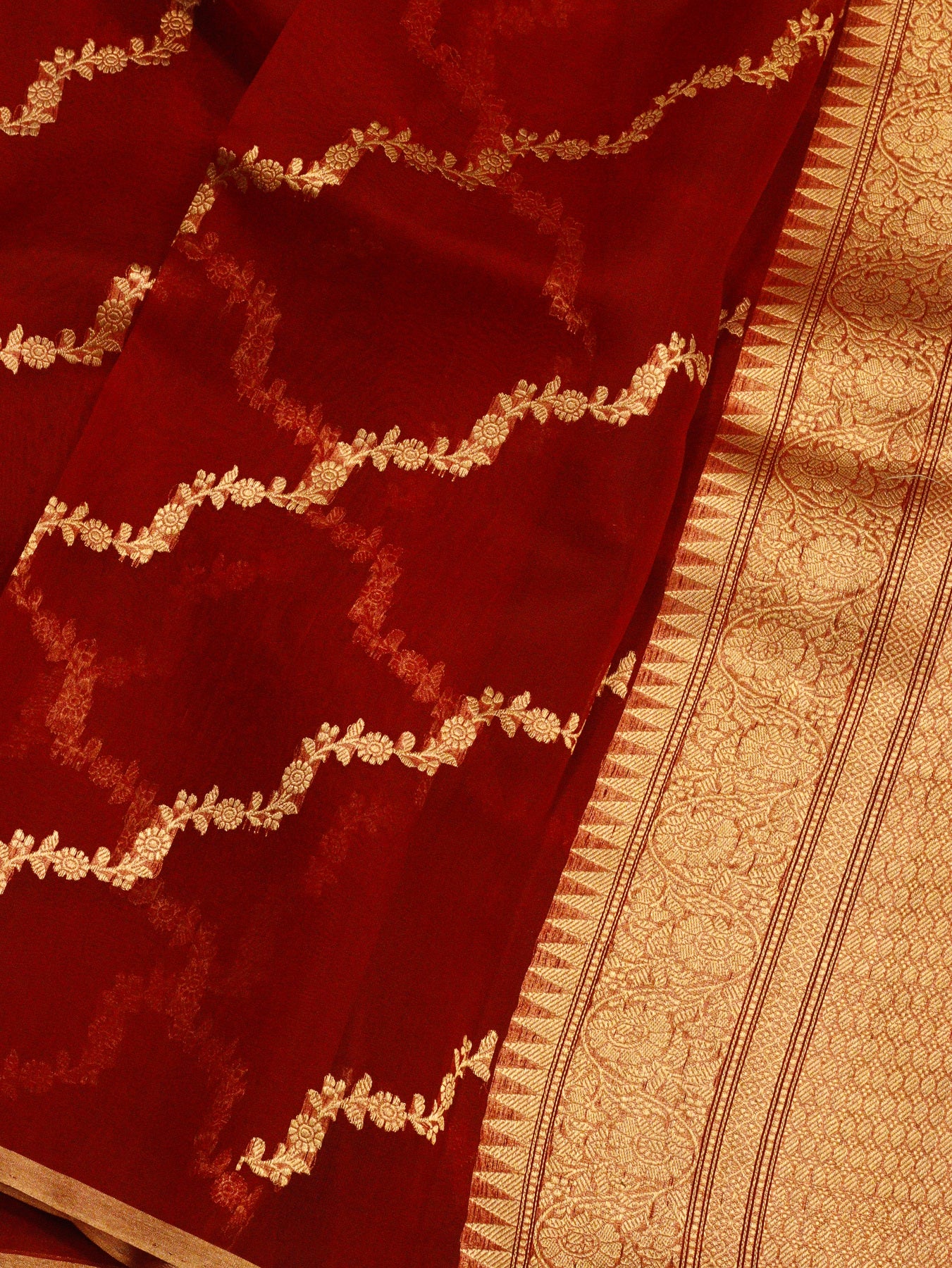 Deep Red Pure Kora Organza Silk Handloom Saree with Kadhwa Gold  Zari Aadha Jaal