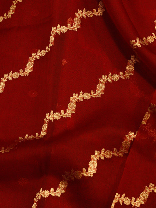 Deep Red Pure Kora Organza Silk Handloom Saree with Kadhwa Gold  Zari Aadha Jaal