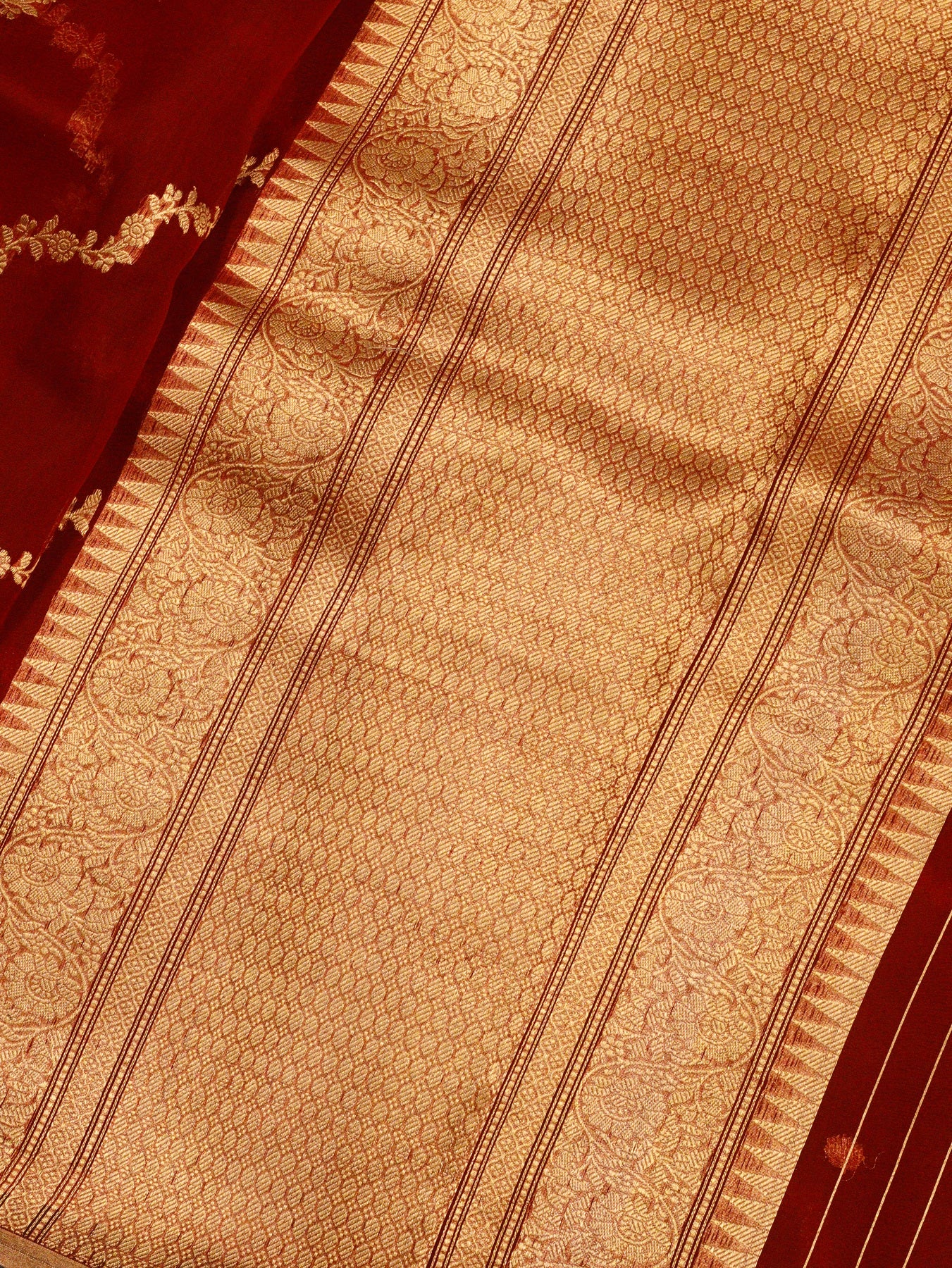 Deep Red Pure Kora Organza Silk Handloom Saree with Kadhwa Gold  Zari Aadha Jaal
