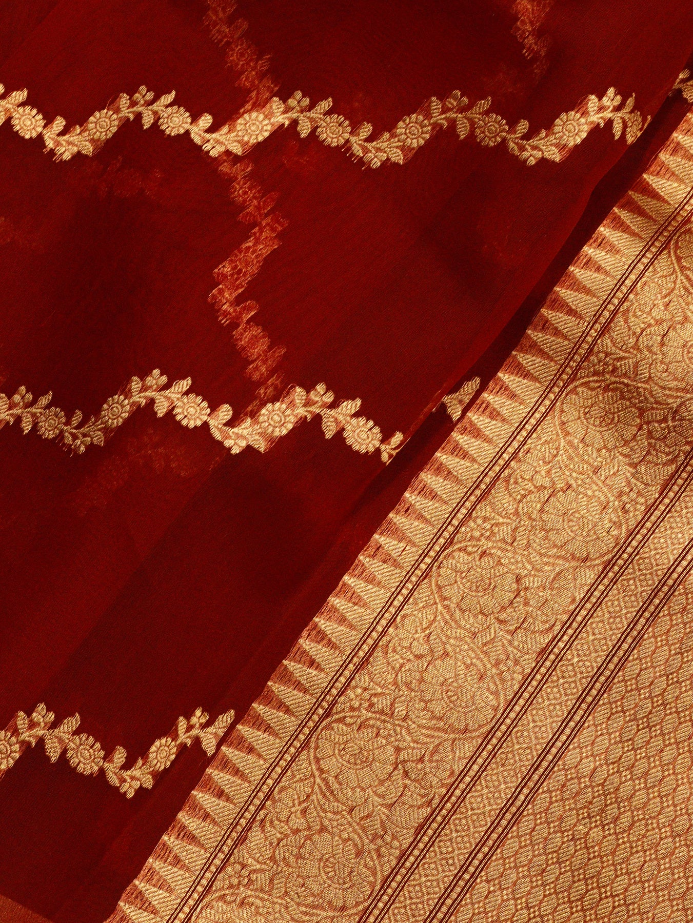 Deep Red Pure Kora Organza Silk Handloom Saree with Kadhwa Gold  Zari Aadha Jaal