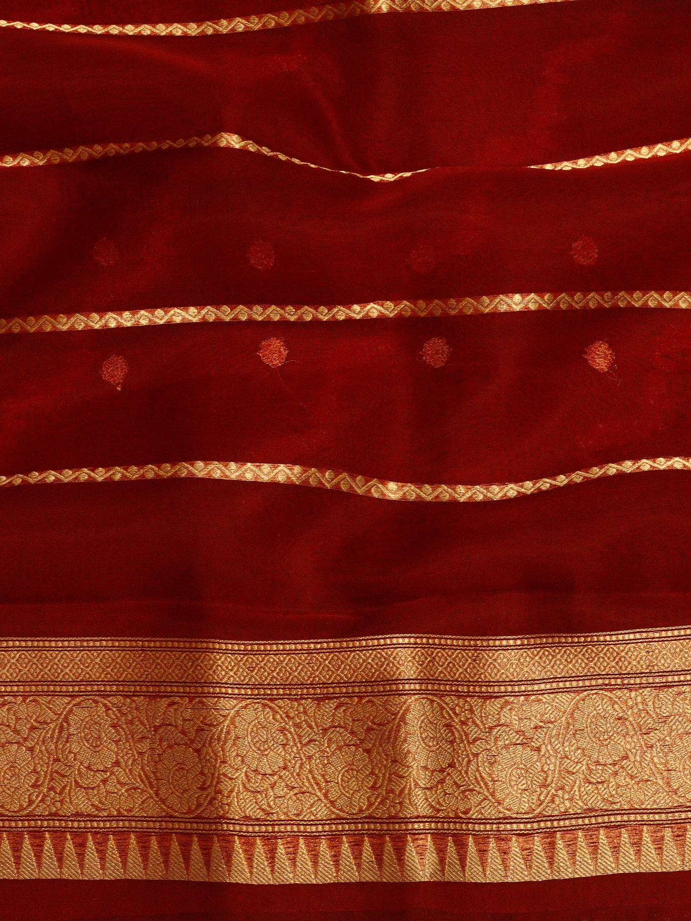 Deep Red Pure Kora Organza Silk Handloom Saree with Kadhwa Gold  Zari Aadha Jaal