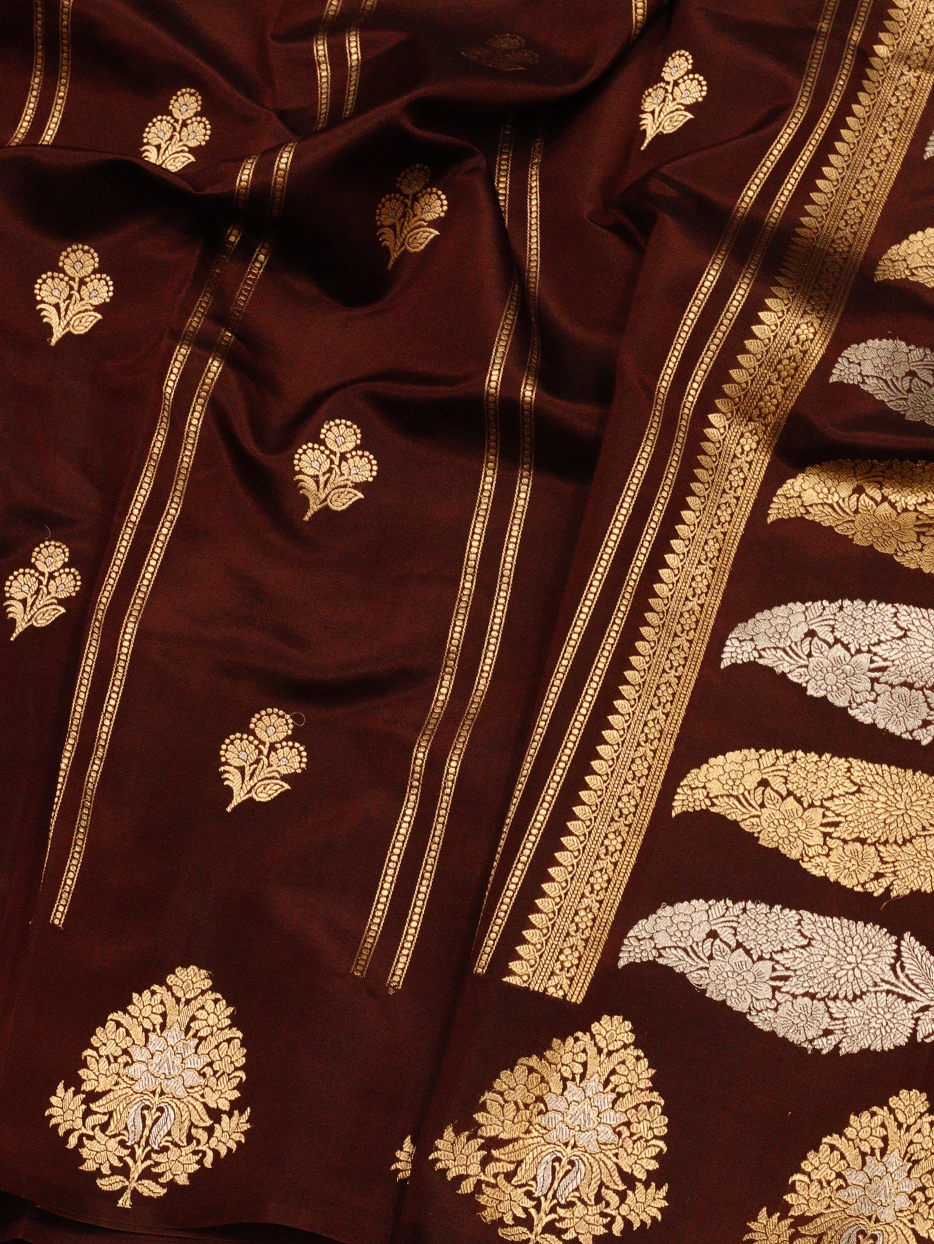 Wine Katan Silk Handloom Saree with Kadhwa Gold & Silver Zari Buta & Stripes & Satin Buti Border
