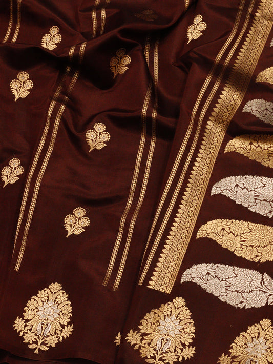 Wine Katan Silk Handloom Saree with Kadhwa Gold & Silver Zari Buta & Stripes & Satin Buti Border