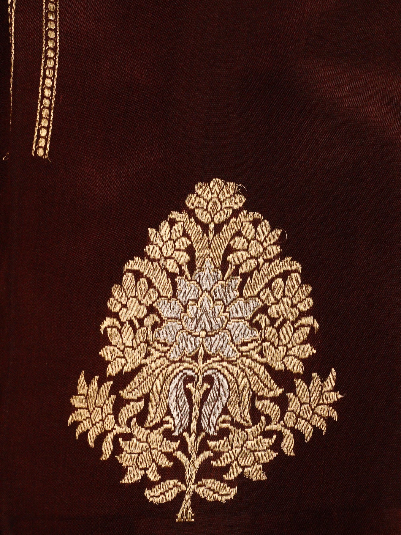 Wine Katan Silk Handloom Saree with Kadhwa Gold & Silver Zari Buta & Stripes & Satin Buti Border
