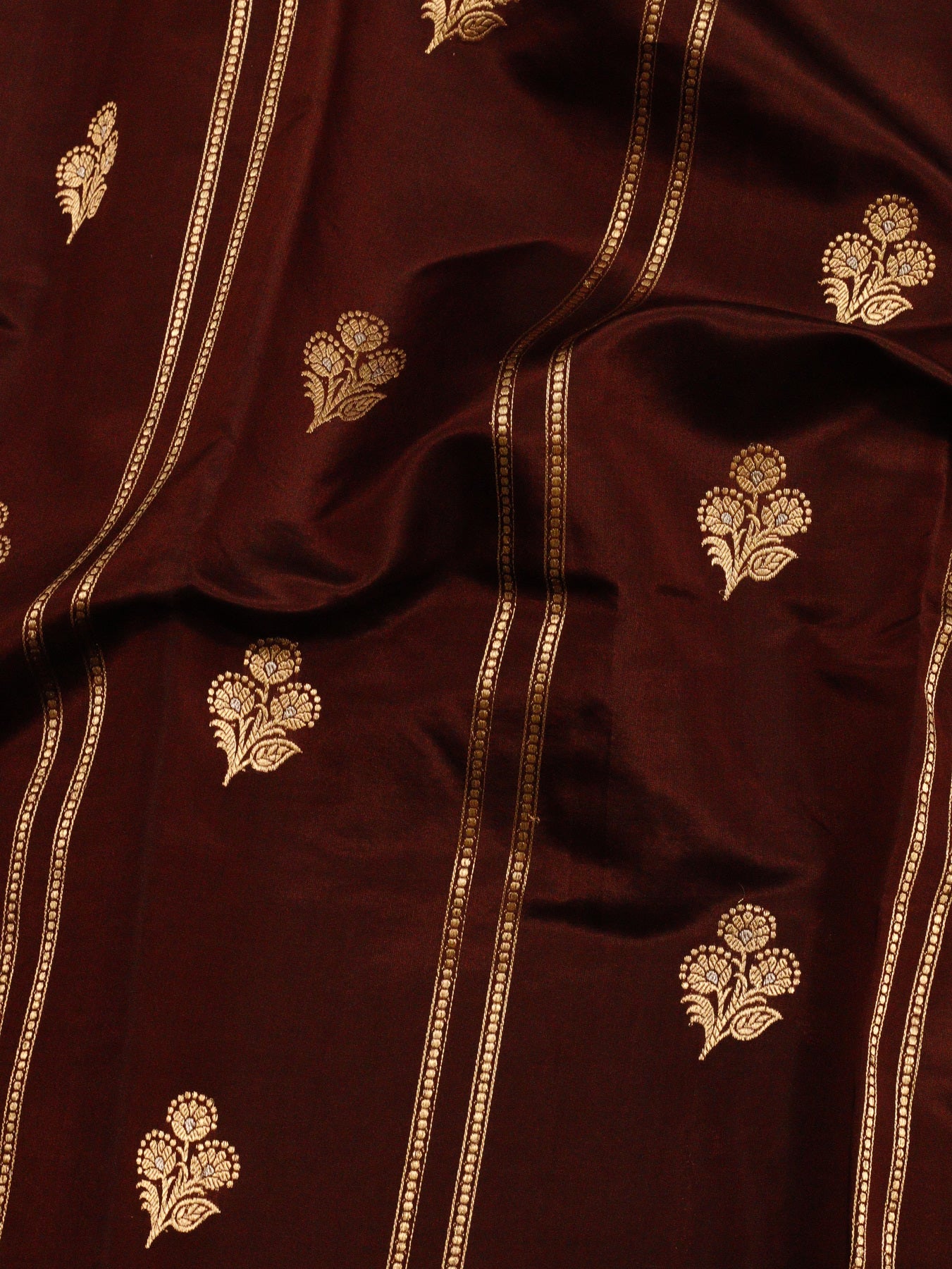 Wine Katan Silk Handloom Saree with Kadhwa Gold & Silver Zari Buta & Stripes & Satin Buti Border