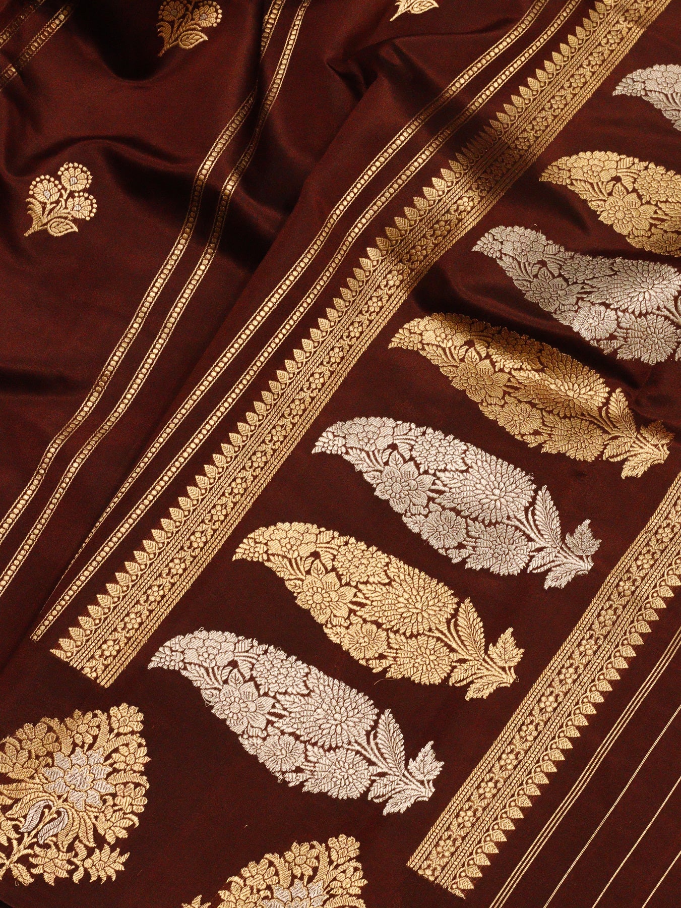 Wine Katan Silk Handloom Saree with Kadhwa Gold & Silver Zari Buta & Stripes & Satin Buti Border