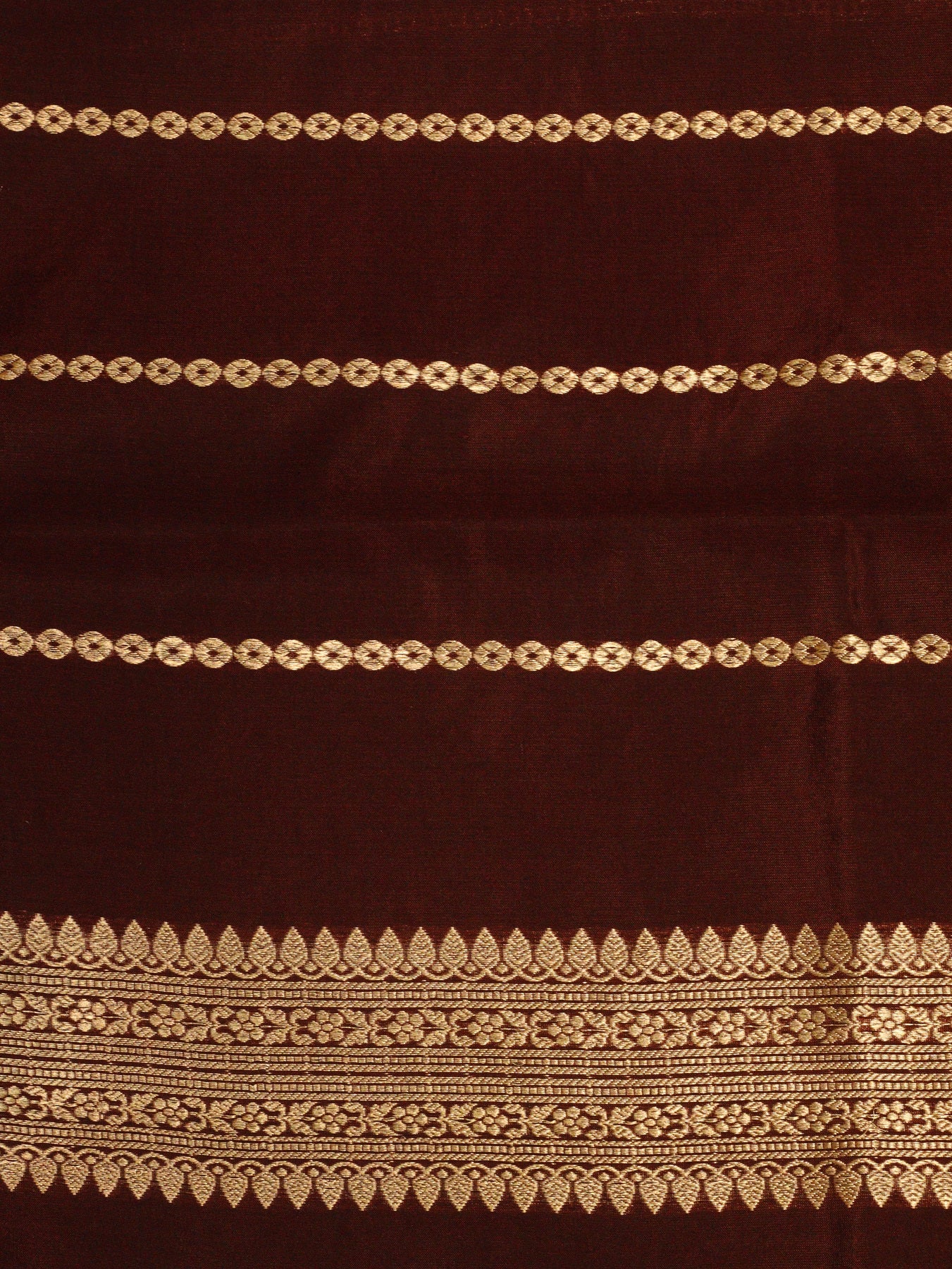 Wine Katan Silk Handloom Saree with Kadhwa Gold & Silver Zari Buta & Stripes & Satin Buti Border