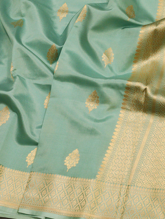 Sea Blue Pure Katan Silk Handloom Saree with Kadhwa Zari Fancy Border & Buti