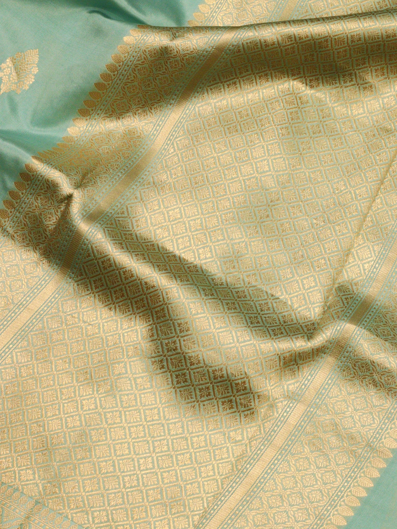 Sea Blue Pure Katan Silk Handloom Saree with Kadhwa Zari Fancy Border & Buti