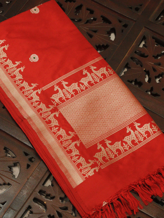 Red Pure Katan Silk Handloom Dupatta with Kadhwa Zari Meena Buta & Shikargah Border