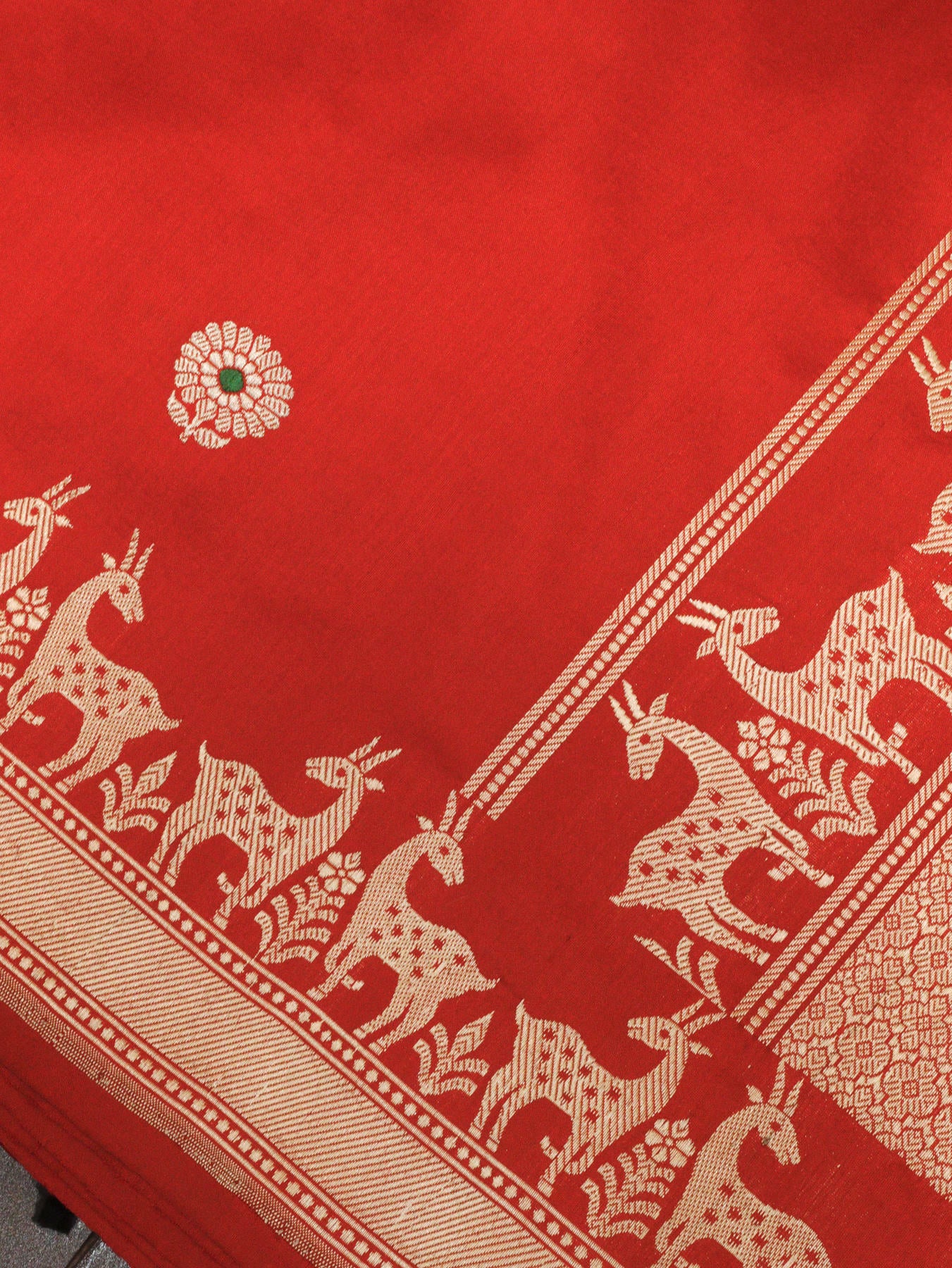 Red Pure Katan Silk Handloom Dupatta with Kadhwa Zari Meena Buta & Shikargah Border