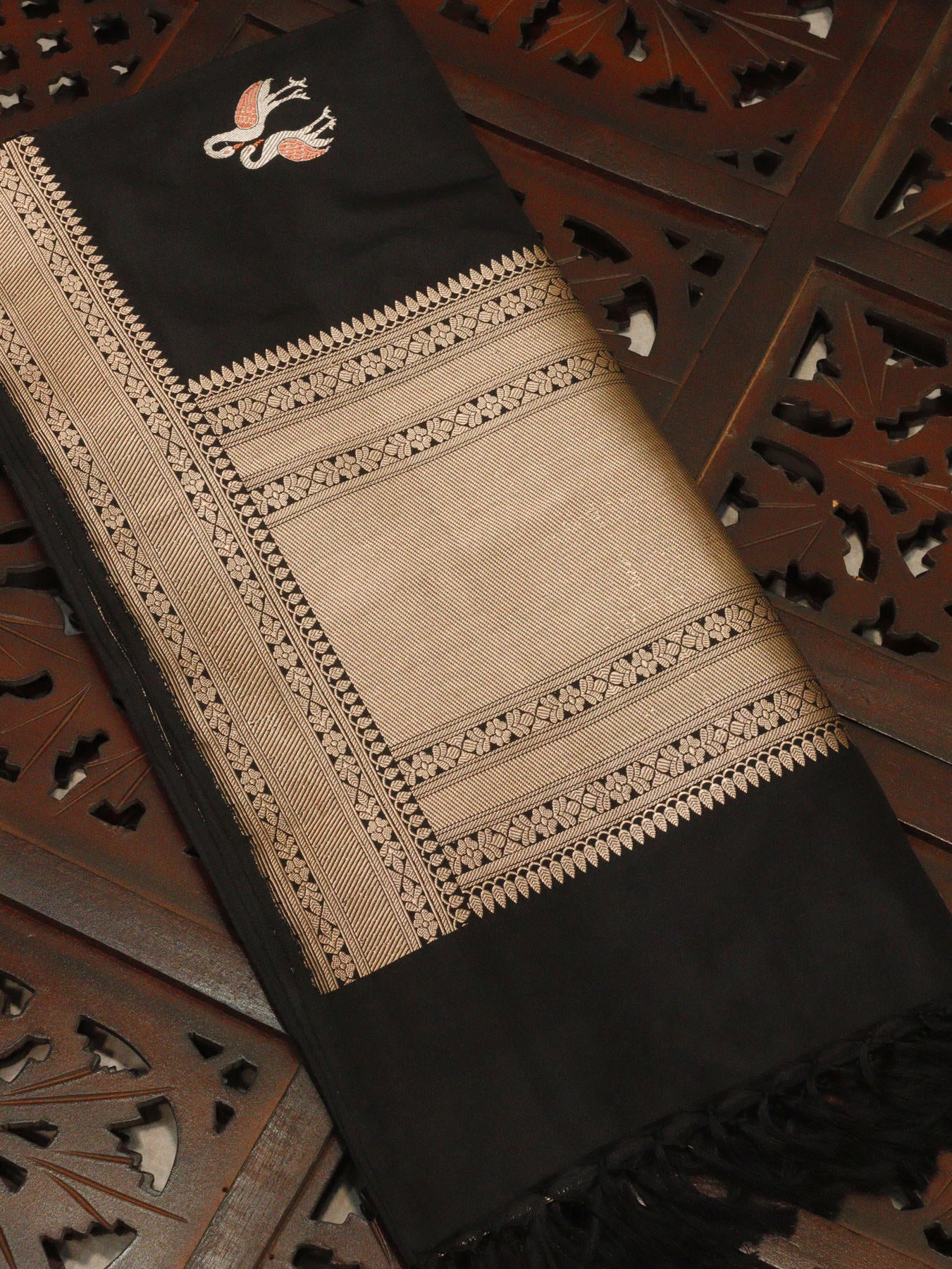 Black Pure Katan Silk Handloom Dupatta with Kadhwa Zari Meena Shikargah Buta & Textured Zari Border