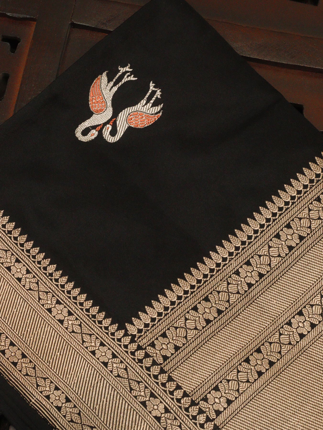 Black Pure Katan Silk Handloom Dupatta with Kadhwa Zari Meena Shikargah Buta & Textured Zari Border