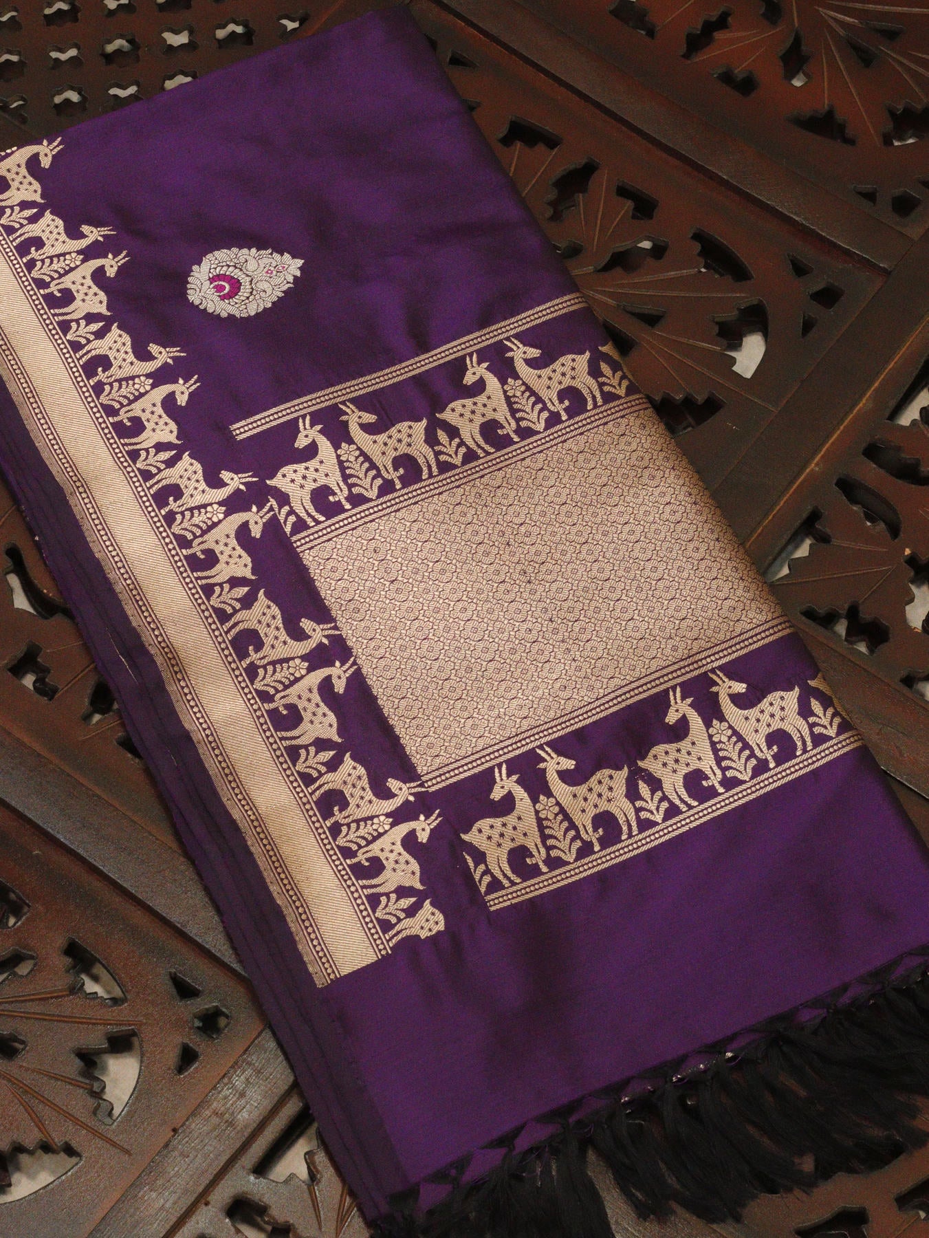 Uda Purple  Pure Katan Silk Handloom Dupatta with Kadhwa Zari Meena Buta & Shikargah Border
