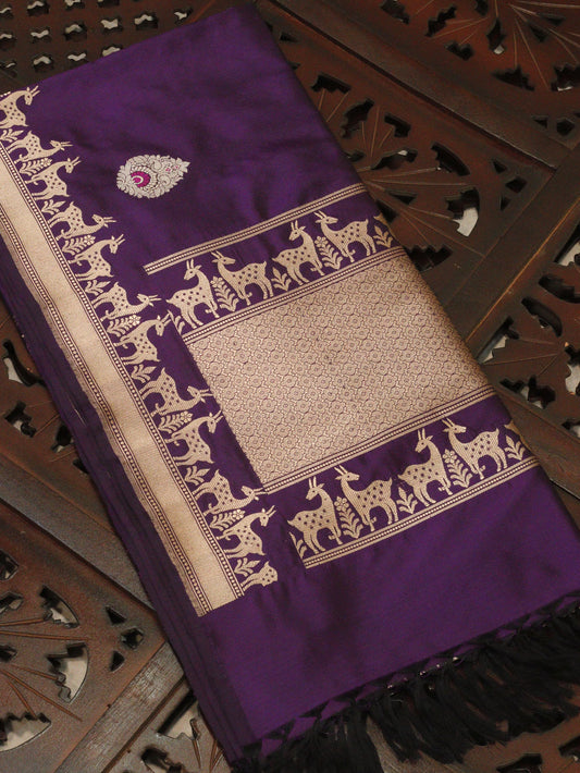 Uda Purple  Pure Katan Silk Handloom Dupatta with Kadhwa Zari Meena Buta & Shikargah Border