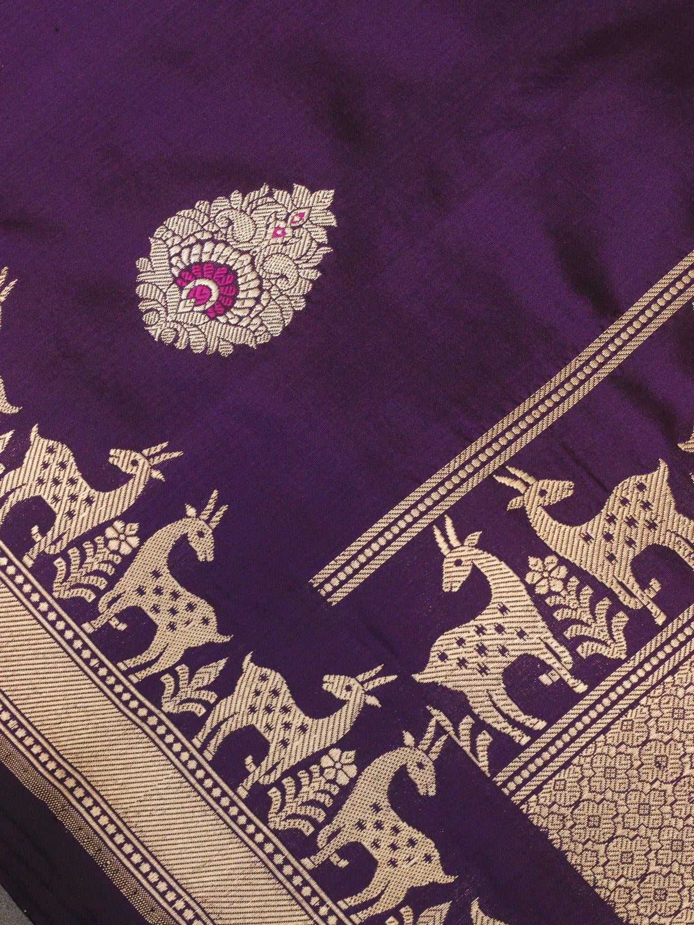 Uda Purple  Pure Katan Silk Handloom Dupatta with Kadhwa Zari Meena Buta & Shikargah Border